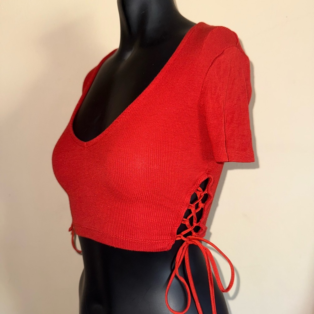 Nasty Gal Black and Red Raglan Crop Top with Tie Front